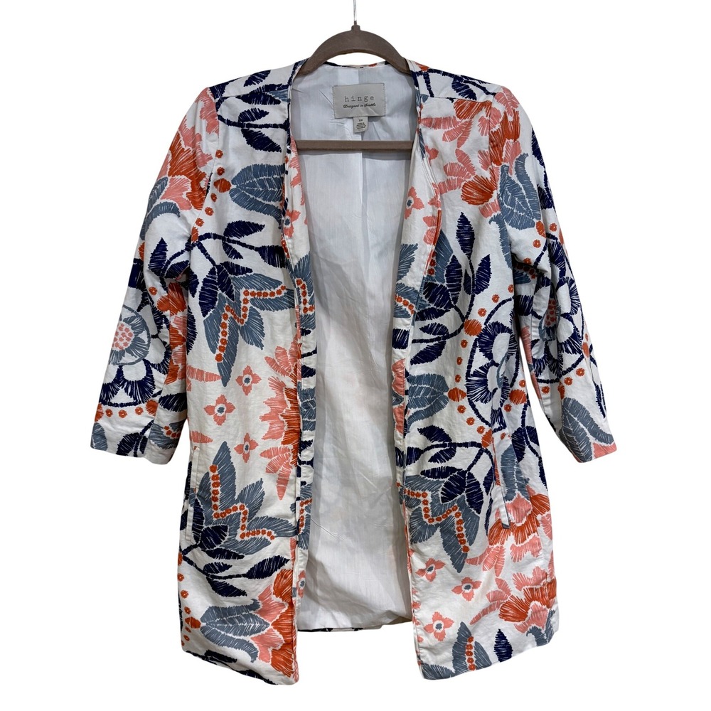 Hinge Floral Kimono Duster Jacket Womens XS Cotton Linen Embroidered Look